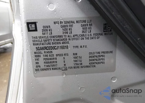 2012 Buick Enclave Leather z USA, uszkodzony, nr VIN 5GAKRCED0CJ116018